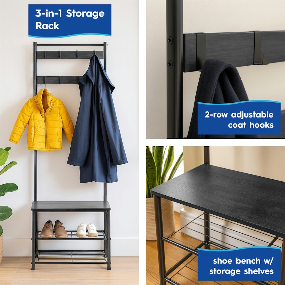 image 1 of Harbour Housewares Square Steel Coat Rack with Shoe Storage Bench - Coat Rack Coat Stand Hat Stand Clothing Rail Hooks S