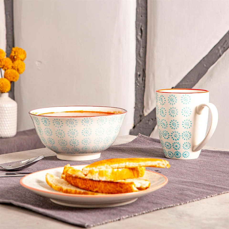 image 1 of Nicola Spring Hand-Printed Cereal Bowls - 16cm - Turquoise - Pack of 6 Multi