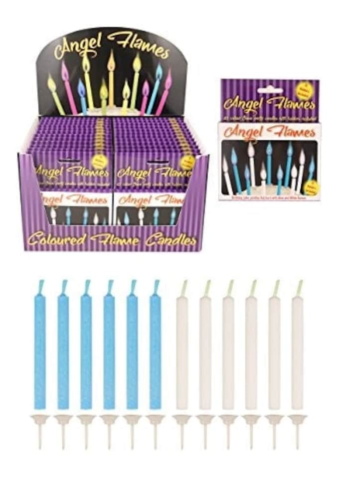image 1 of Pack of 12 Blue and White Colour Angel Flames Candles for Boys Birthday