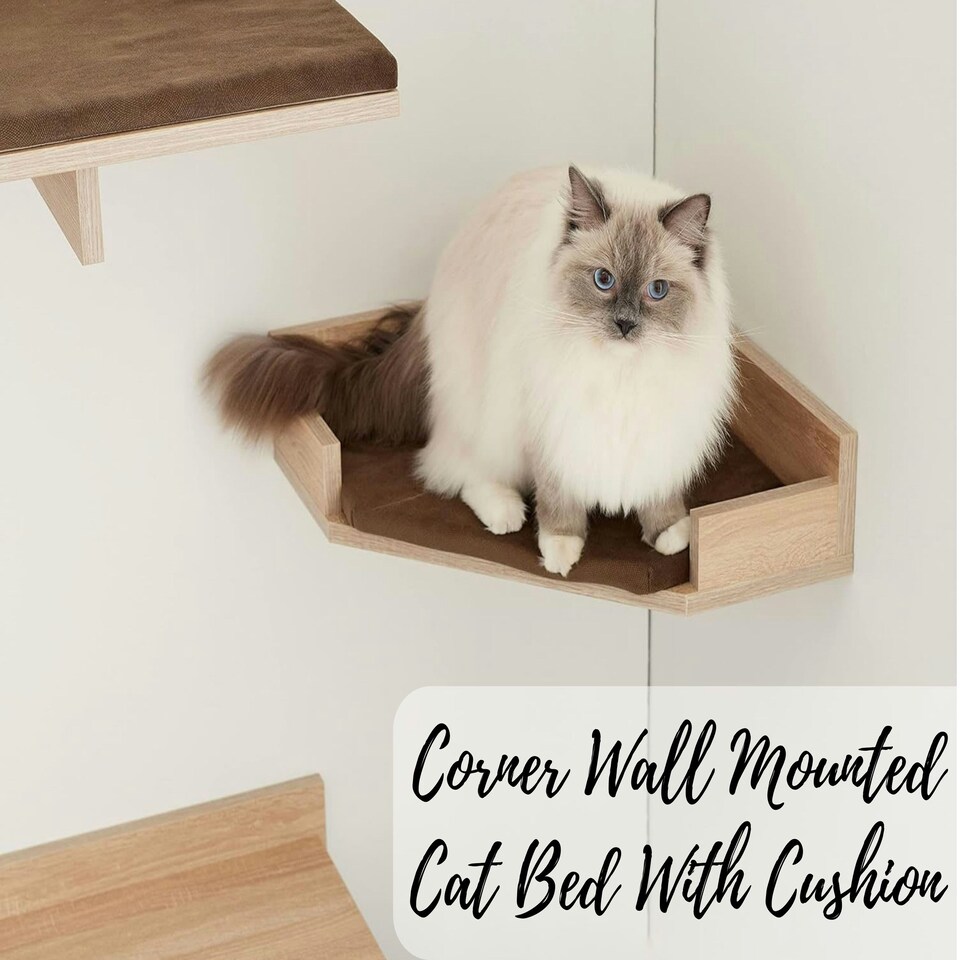 image 1 of NOVECRAFTO Corner Wall-Mounted Cat Bed – Sonoma Oak Beige – Brown Cushion – 35cm Wide – Space-Saving Shelf Holds up to 30kg for Cats