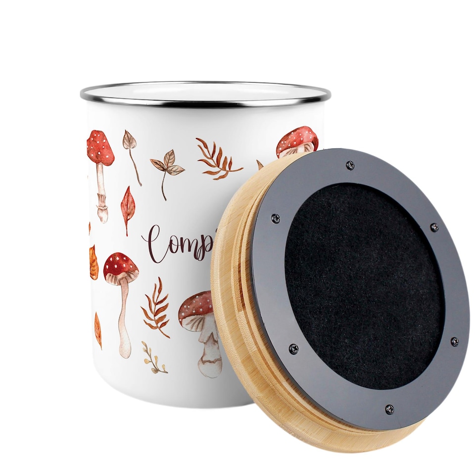 image 1 of Watercolour Mushrooms Compost Caddy - Metal 2L Decorative Kitchen Food Waste Bin