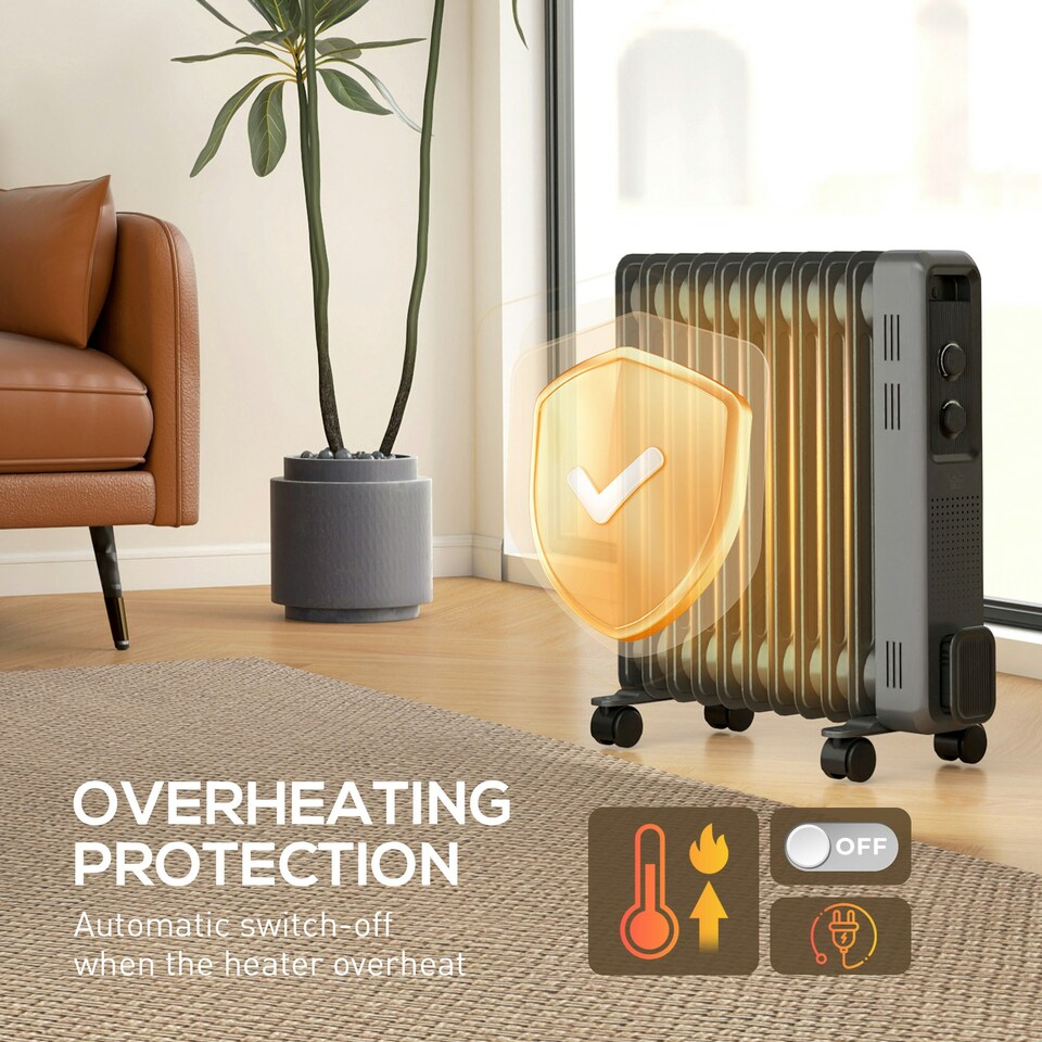 image 1 of HOMCOM Oil Filled Radiator Portable Heater W/ 11 Fin, 3 Heat Settings, Grey
