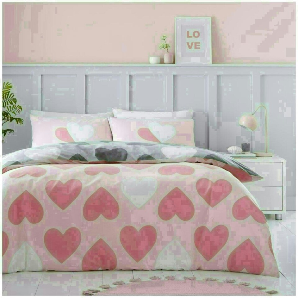 image 1 of Pretty Hearts Printed Duvet Cover Set Reversible Polycotton Beddings Pink | Single