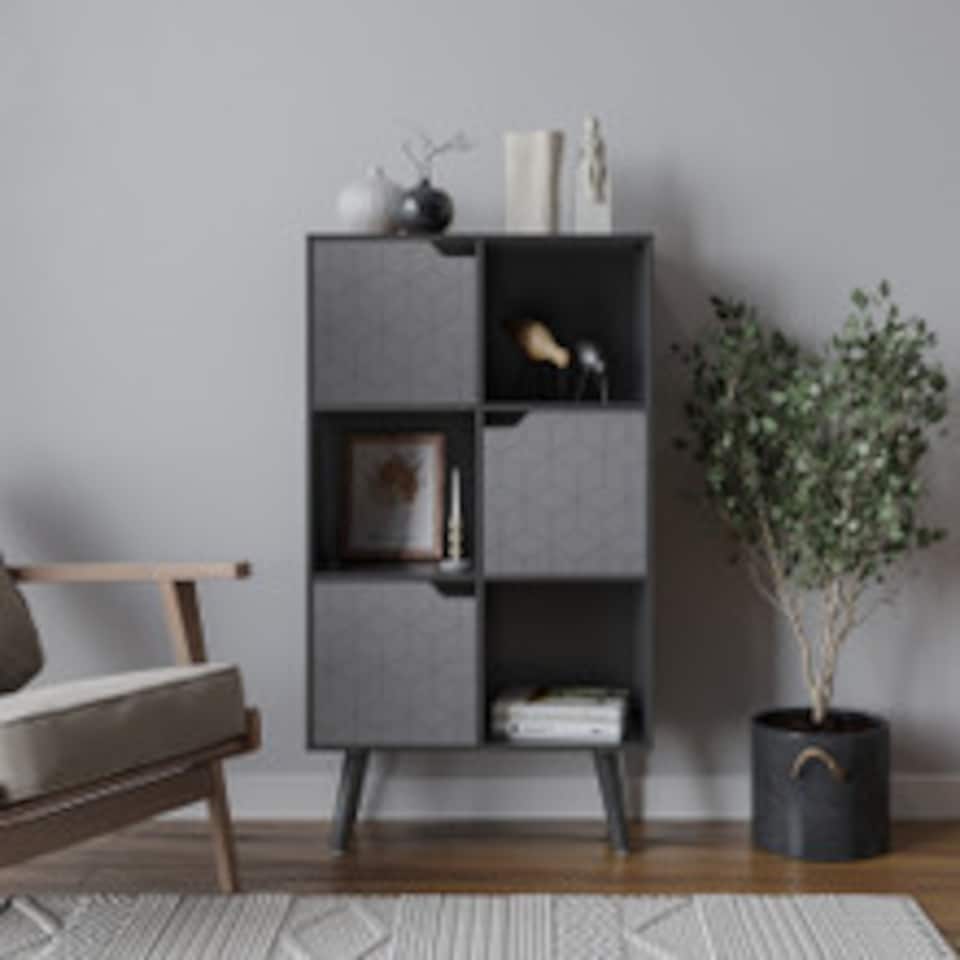 image 1 of Black 6-Cube Shelving Unit With 2 Geo Doors and Legs | Grey | Black | 1