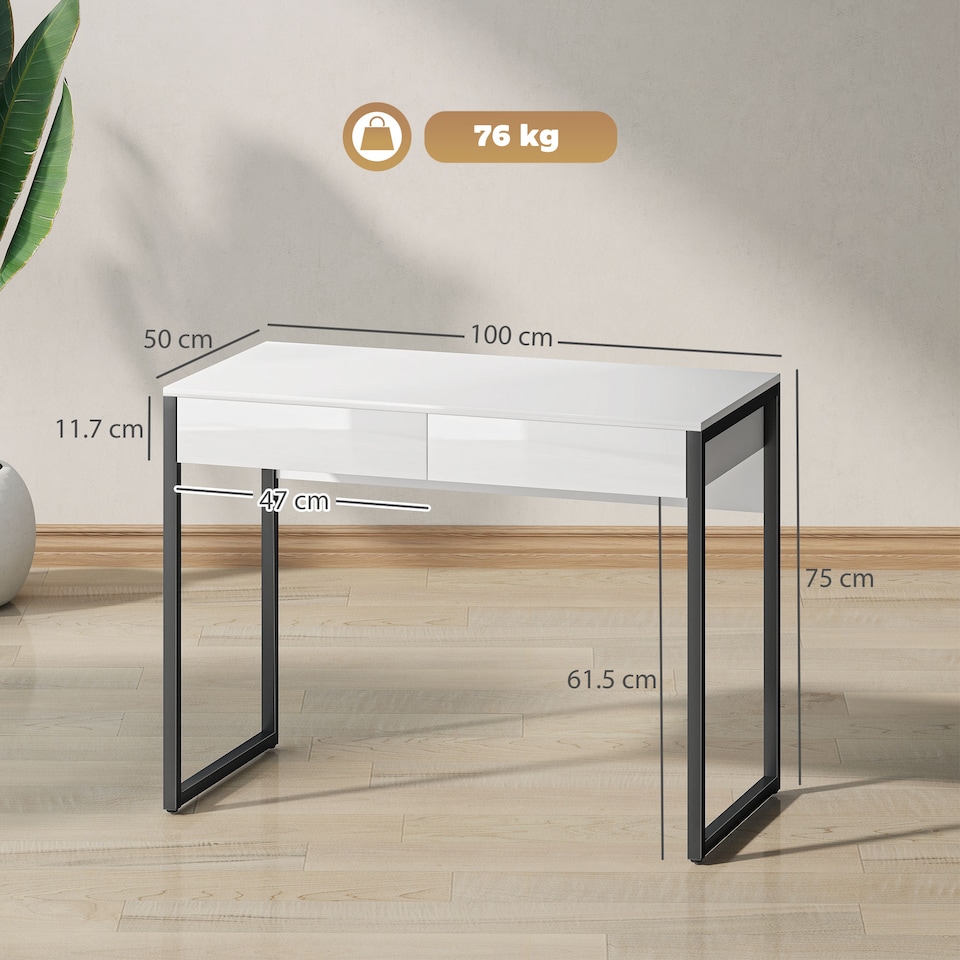 image 1 of HOMCOM High Gloss Computer Desk with 2 Drawers, 100 x 50 cm Home Office Desk for Small Spaces, Modern Study Writing Table with Steel Legs, White and Black
