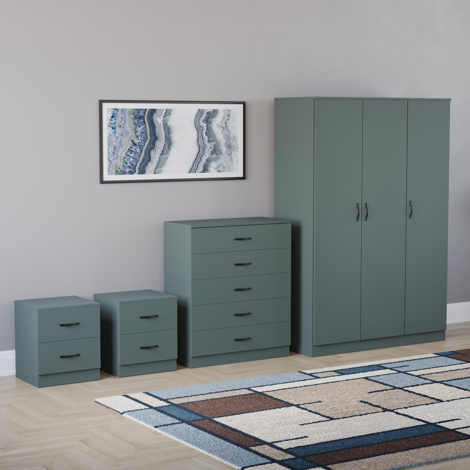 Vida Designs Riano 4 Piece Bedroom Set (2x 2 Drawer Bedside Chest, 5 Drawer Chest, 3 Door Wardrobe) - Green