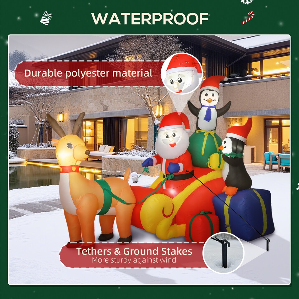 image 1 of Outsunny 6ft Christmas Inflatable Santa on Sleigh with Reindeer and Penguin, Outdoor Christmas Blow Up Decoration with Built-in LED Lights for Garden, Indoor Outdoor Home Decor
