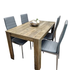 Dining Table and 4 Chairs Rustic Effect Wood Table 4 Grey Leather Chairs Dining Room Brown