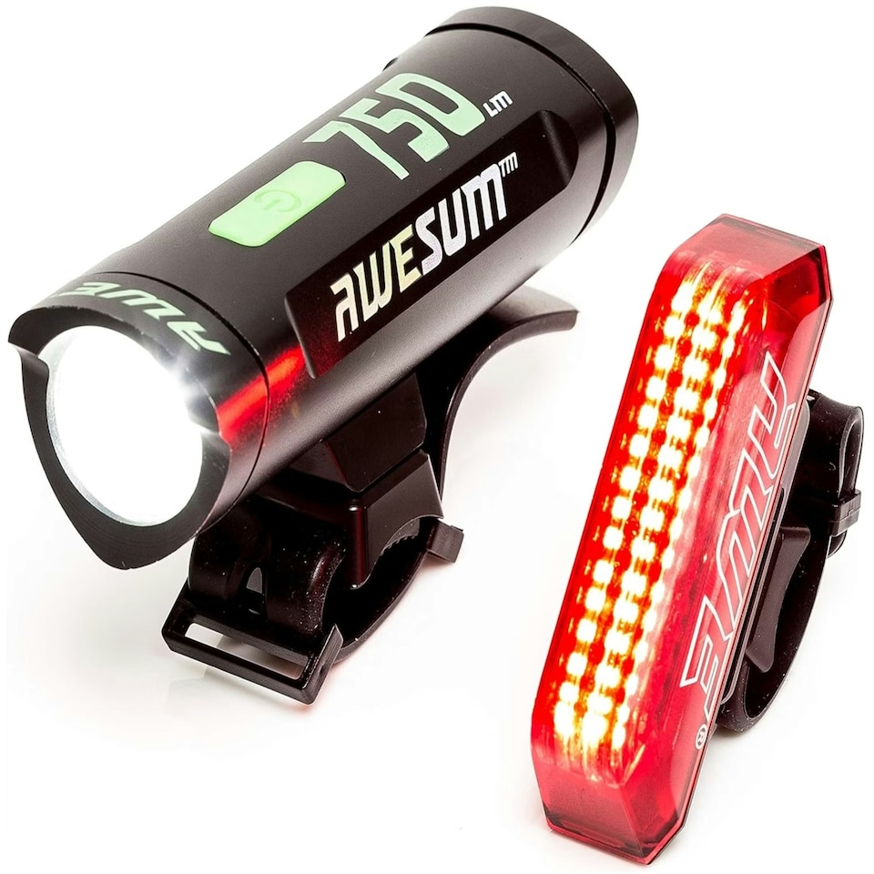 image 1 of AWE780 Lumens 80 Decibel Alarm BRIGHT USB Rechargeable Bike Front/Rear Light Set