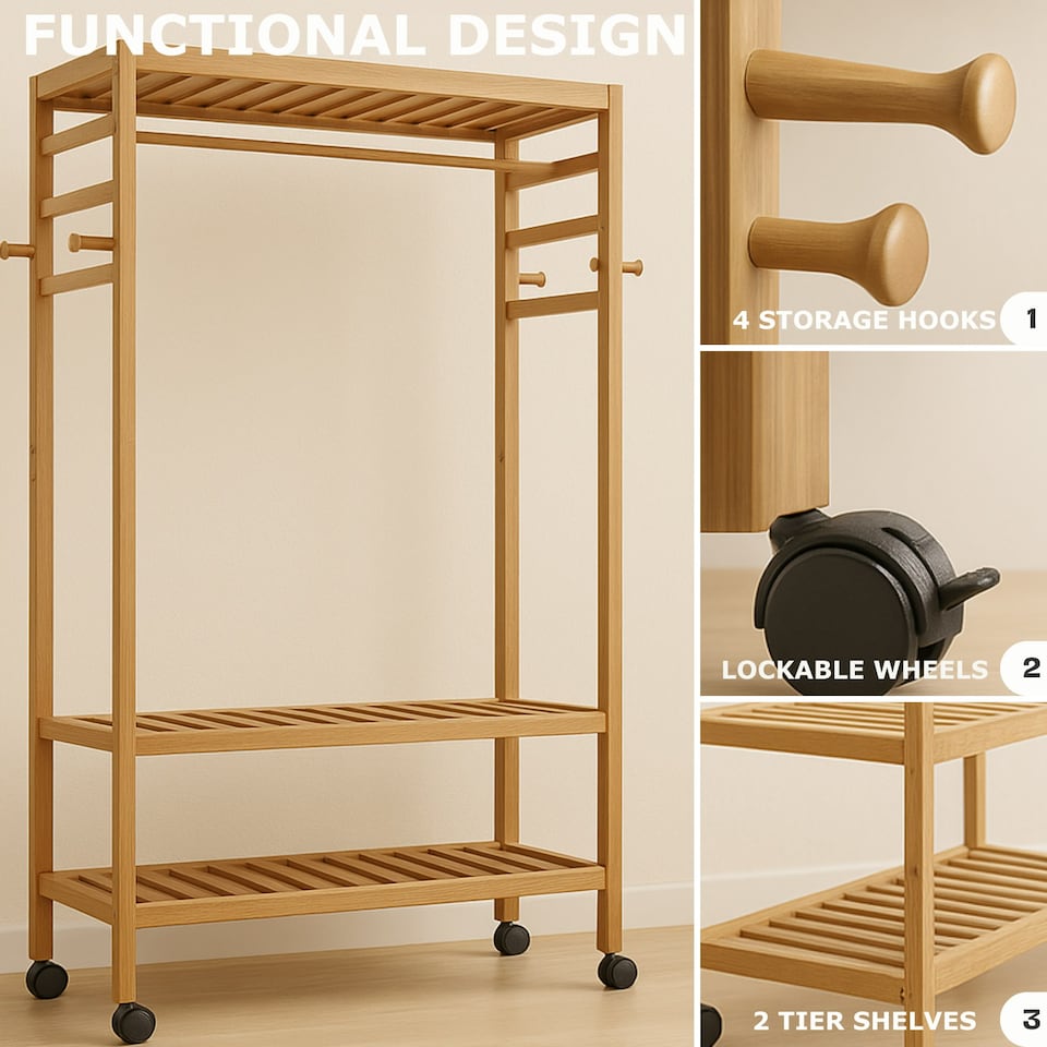 image 1 of Bamboo Clothes Rack | Portable Open Wardrobe with Shoe Storage Brown | One Size