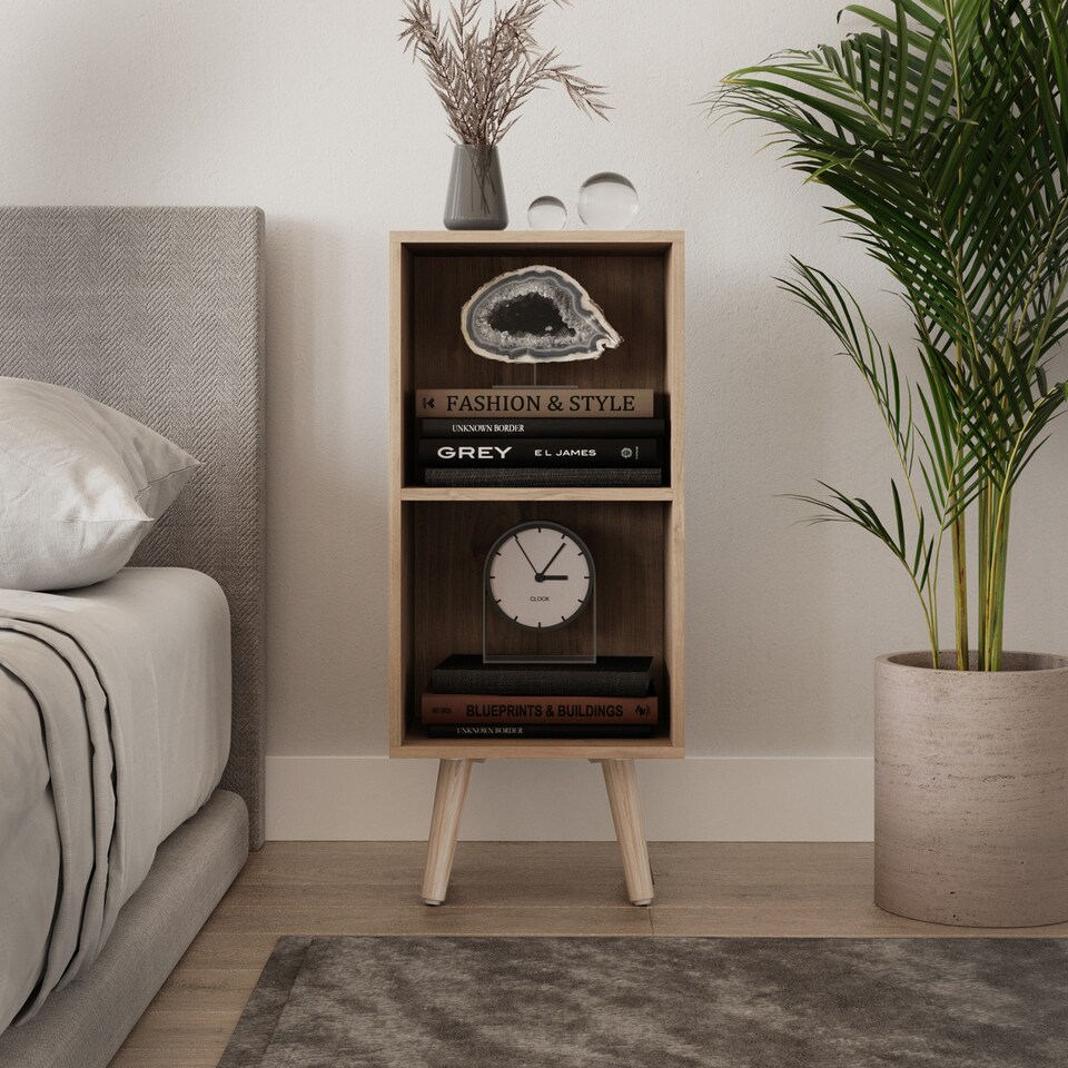 image 1 of 2-Tier Cube Display Cabinet with Scandinavian Legs | Brown | Oak & Pine | 1