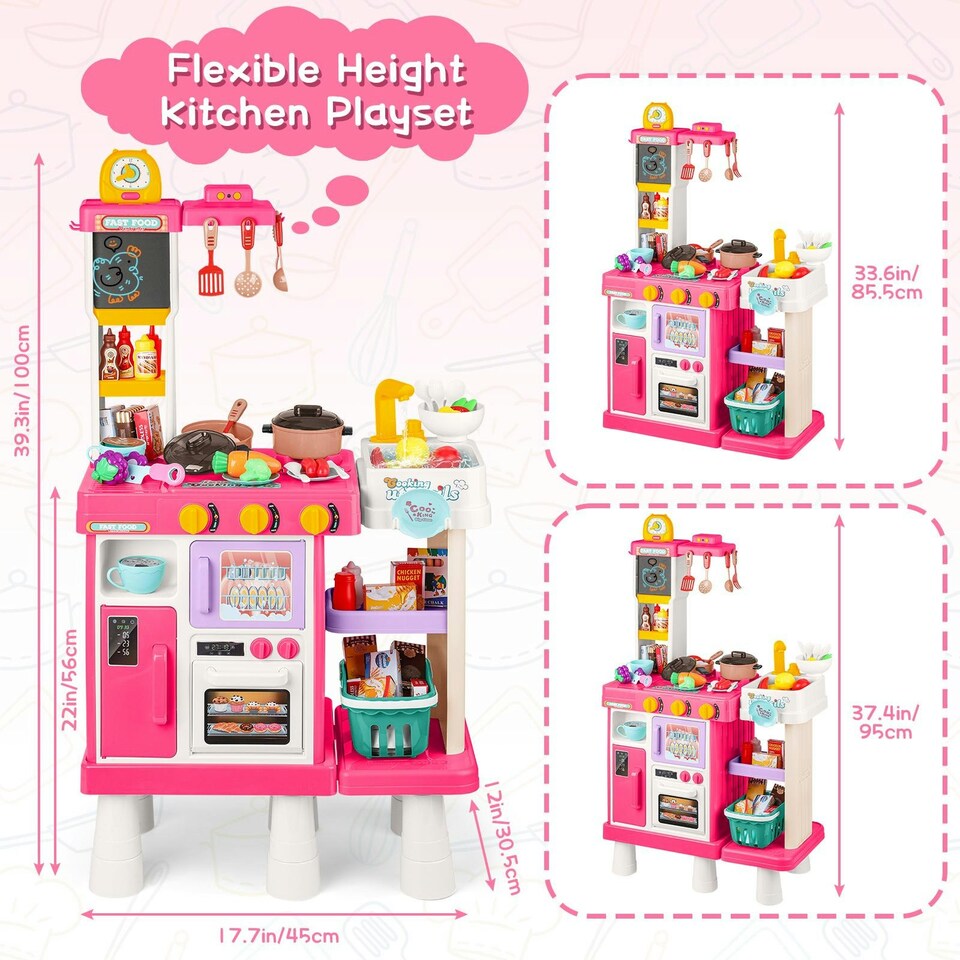 image 1 of Large Kitchen Playset for Kids (Pink) - Pretend Cooking Toy Gift for Boys & Girls