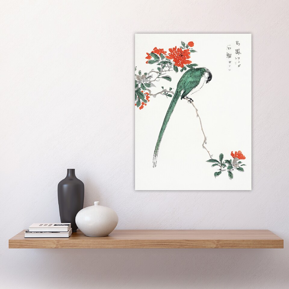 image 1 of Long Tailed Tit and Pomegranate Tree Vintage Wall Art Print Kashu 18x24"