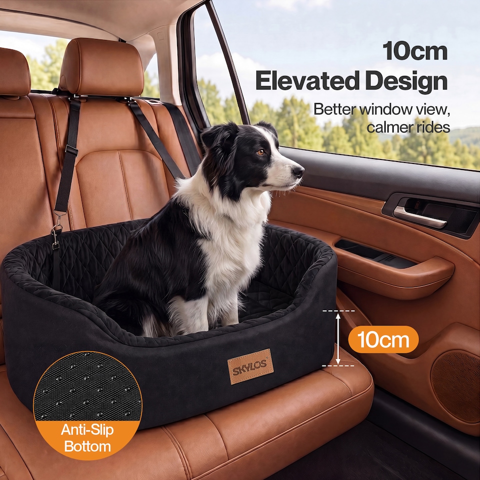 image 1 of Skylos Dog Car Seat Large Booster Bed for Cars Travel SUV Black Soft Oxford
