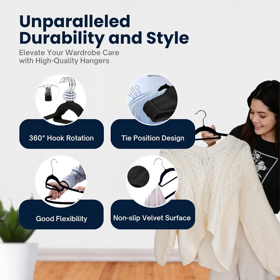 image 1 of Sasha Morel 50-Pack Black Velvet Coat Hangers, Non-Slip Space-Saving Clothes Hangers