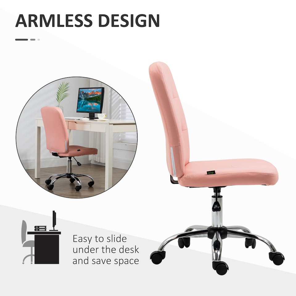 image 1 of Vinsetto Armless Office Chair, Faux Leather Desk Chair with Adjustable Height, Button Tufted, Pink