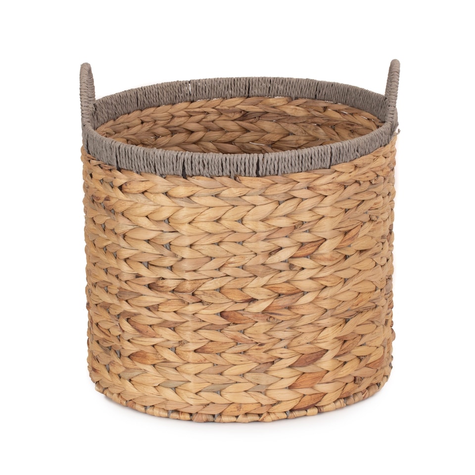image 1 of Small Round Water Hyacinth Basket With Grey Rope Border | Brown | Brown