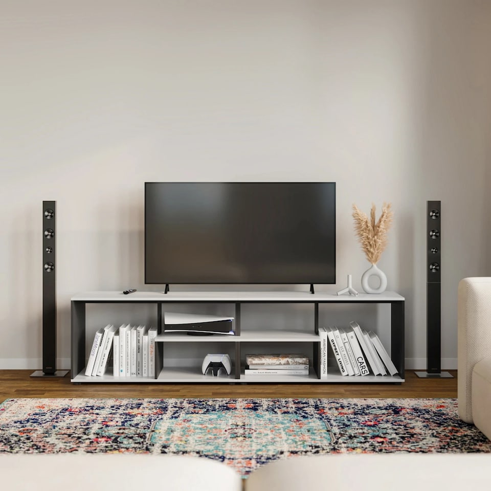 image 1 of Shelby Abstract Large Double Coffee Table With Storage Shelves TV Stand 160cm | Multi | White/black