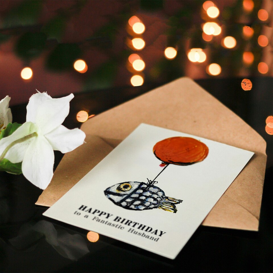 image 1 of Fantastic Husb Fun Balloon Fish Fishing Fisherman Birthday Card