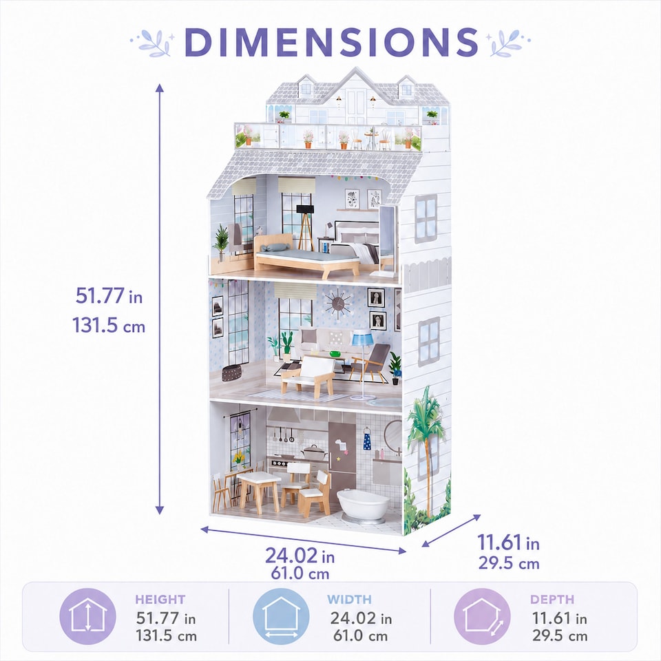 image 1 of Teamson Kids 3-Story Dollhouse with 8 Furnishings, Grey, Dreamland Penthouse