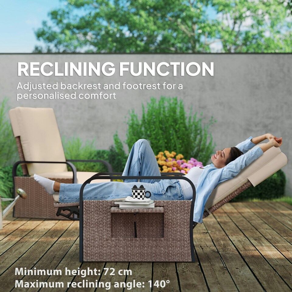 image 1 of Outsunny Rattan Garden Recliner Chair Sun Lounger w/ Side Tray Brown