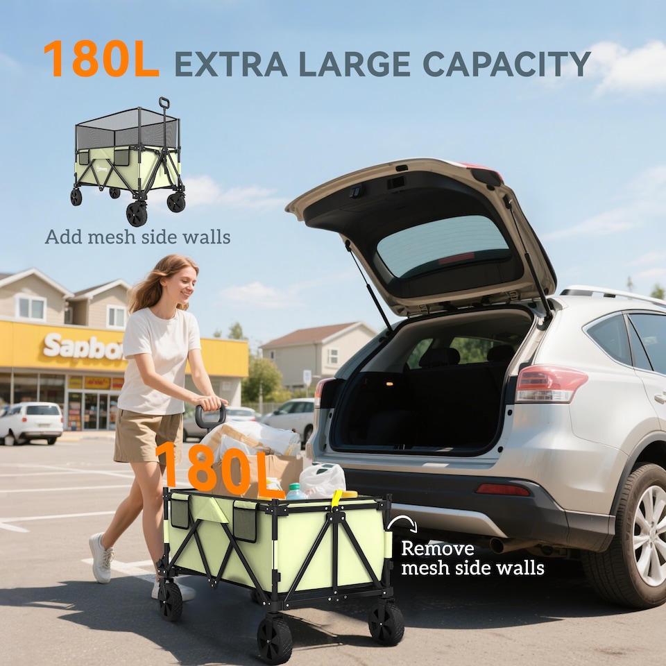 image 1 of Outsunny 180L Folding Garden Trolley Wagon Cart w Extendable Side Walls, Black
