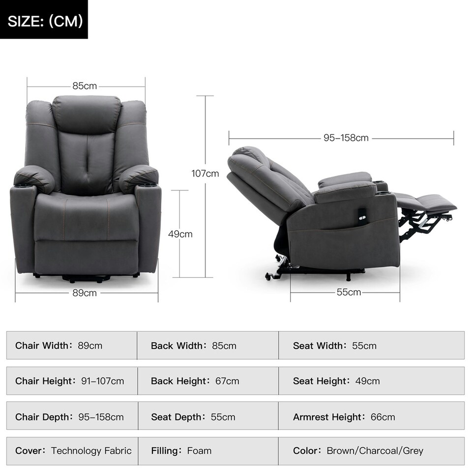 image 1 of Afton Technology Fabric Single Motor Rise Recliner Lift Mobility Chair (Charcoal)