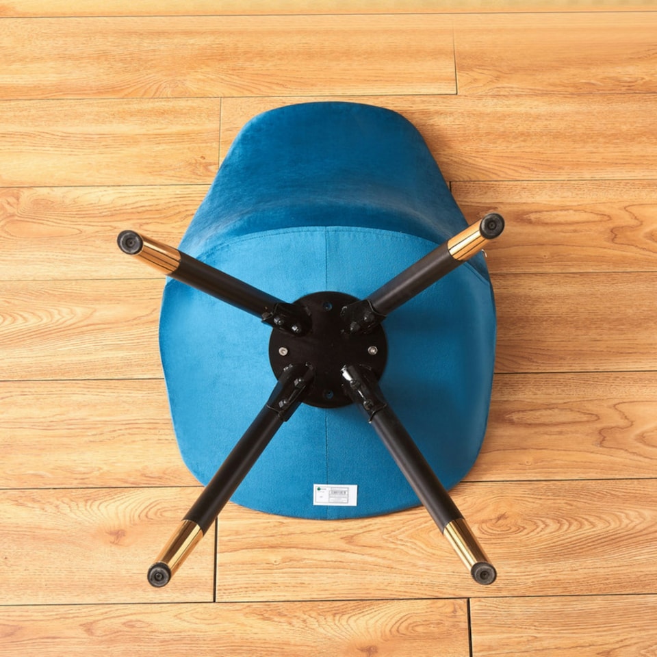 image 1 of Set of 4 Sofia Ergonomic Modern Dining Chairs Upholstered in Velvet, Metal Legs with Gold End Tips | Blue