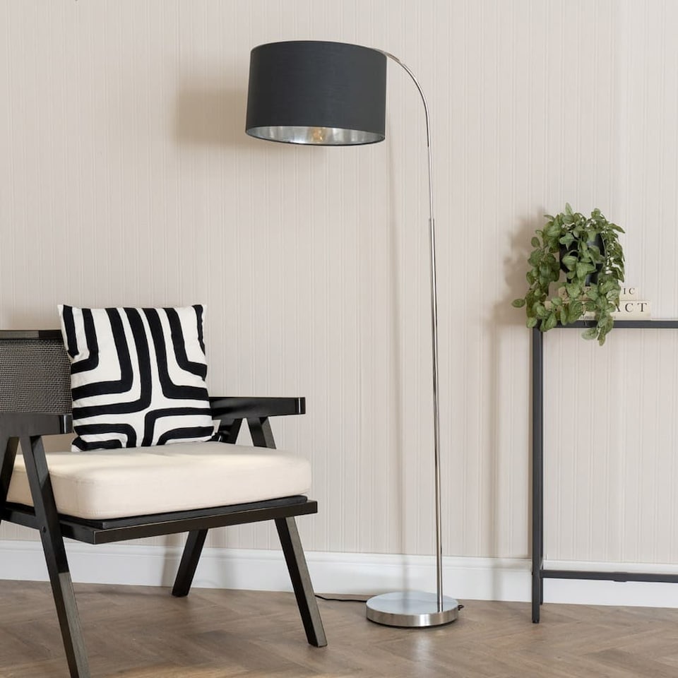 image 1 of ValueLights Curva Chrome Arched Floor Lamp with Black and Metallic Chrome Inner Shade & Bulb | Black
