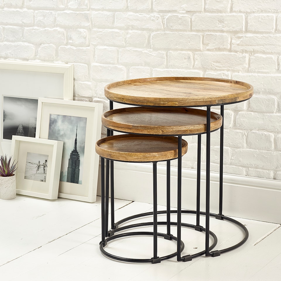 image 1 of Round Nest Of Three 3 Tables End Lamp Light Solid Mango Wood Black Metal Frame 57cm H x 54cm W x 54cm D