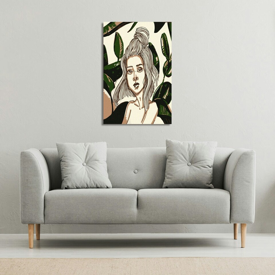image 1 of Young woman in tropical leaves (Canvas Print) 31 x 41 x 4cm