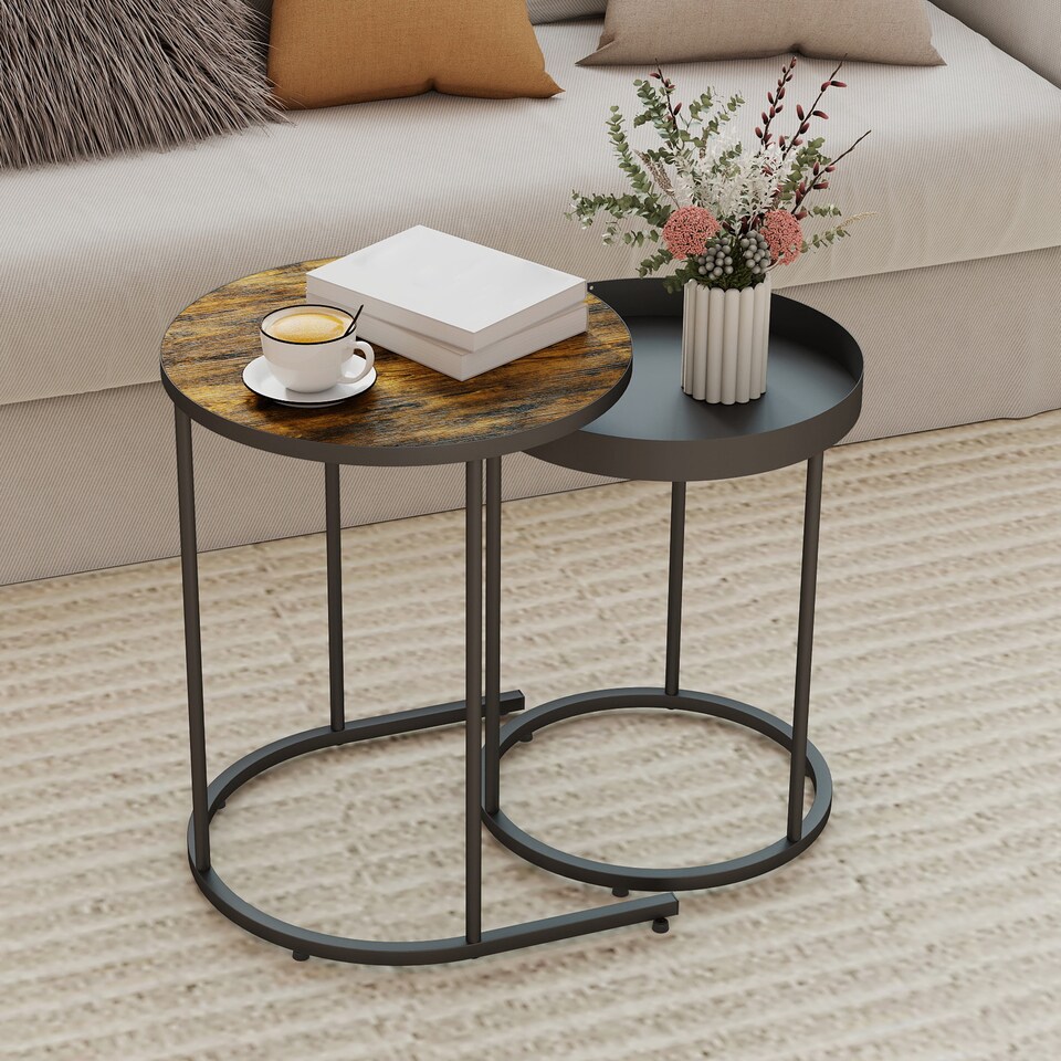 image 1 of HOMCOM Nesting Side Table Set of 2, Industrial Round Nest of Tables with Tray Tabletop and Metal Frame for Living Room, Bedroom, Home Office, Rustic Brown | Brown
