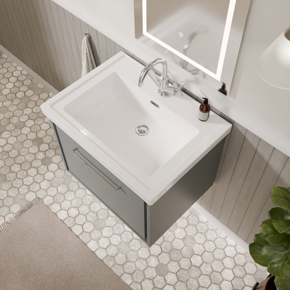 image 1 of Balterley Modern Bathroom Wall Hung Single Drawer Vanity Unit with Fireclay Basin - Vanity Basin Units, 1 Tap Hole | Grey | Monument Grey | 497 x 630 x 471mm
