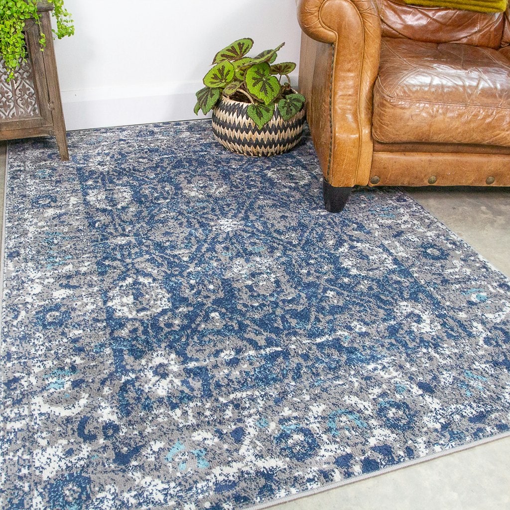 KUKOON Navy Blue Grey Floral Traditional Bordered Rug 190cm x 280cm | Blue