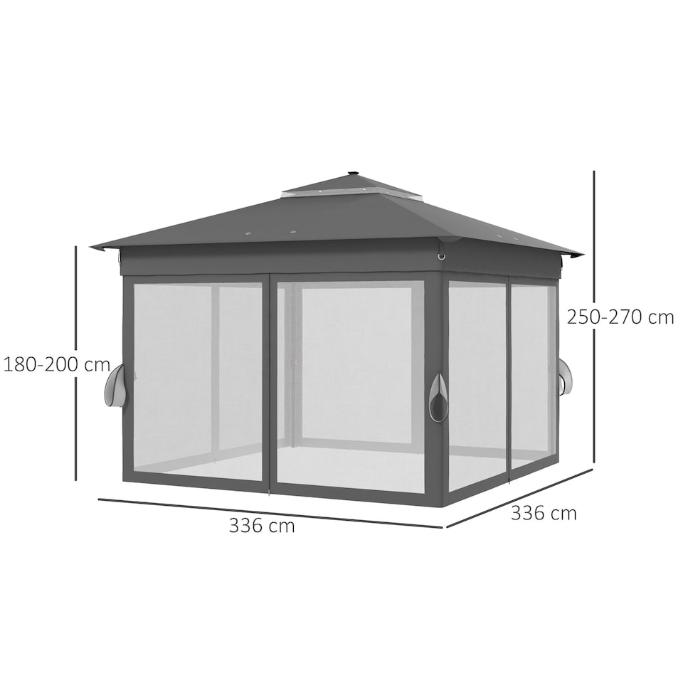 image 1 of Outsunny 3.36 x 3.36m Pop Up Gazebo with Sides, 20 SolarPowered LED Lights, Netting, Roller Bag, 4 Weight Bags, Marquee Party Tent, Height Adjustable Instant Event Shelter, Grey