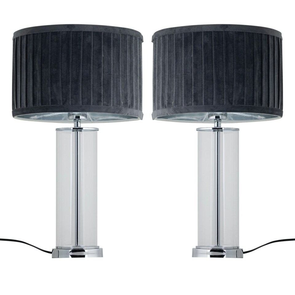 image 1 of Set of 2 Aura - Chrome Table Lamps with Grey Pleated Velvet Shades Chrome | Grey