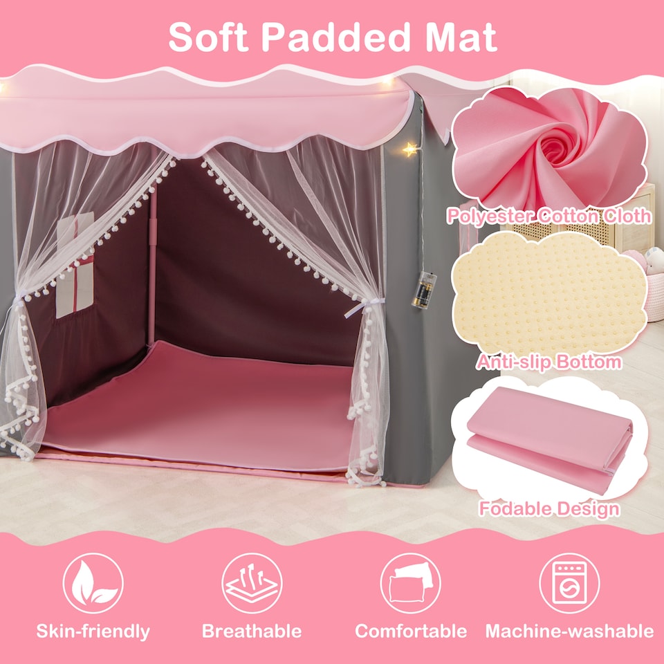image 1 of COSTWAY Kids Playhouse Tent w/ Washable Mat & Star Lights-Pink
