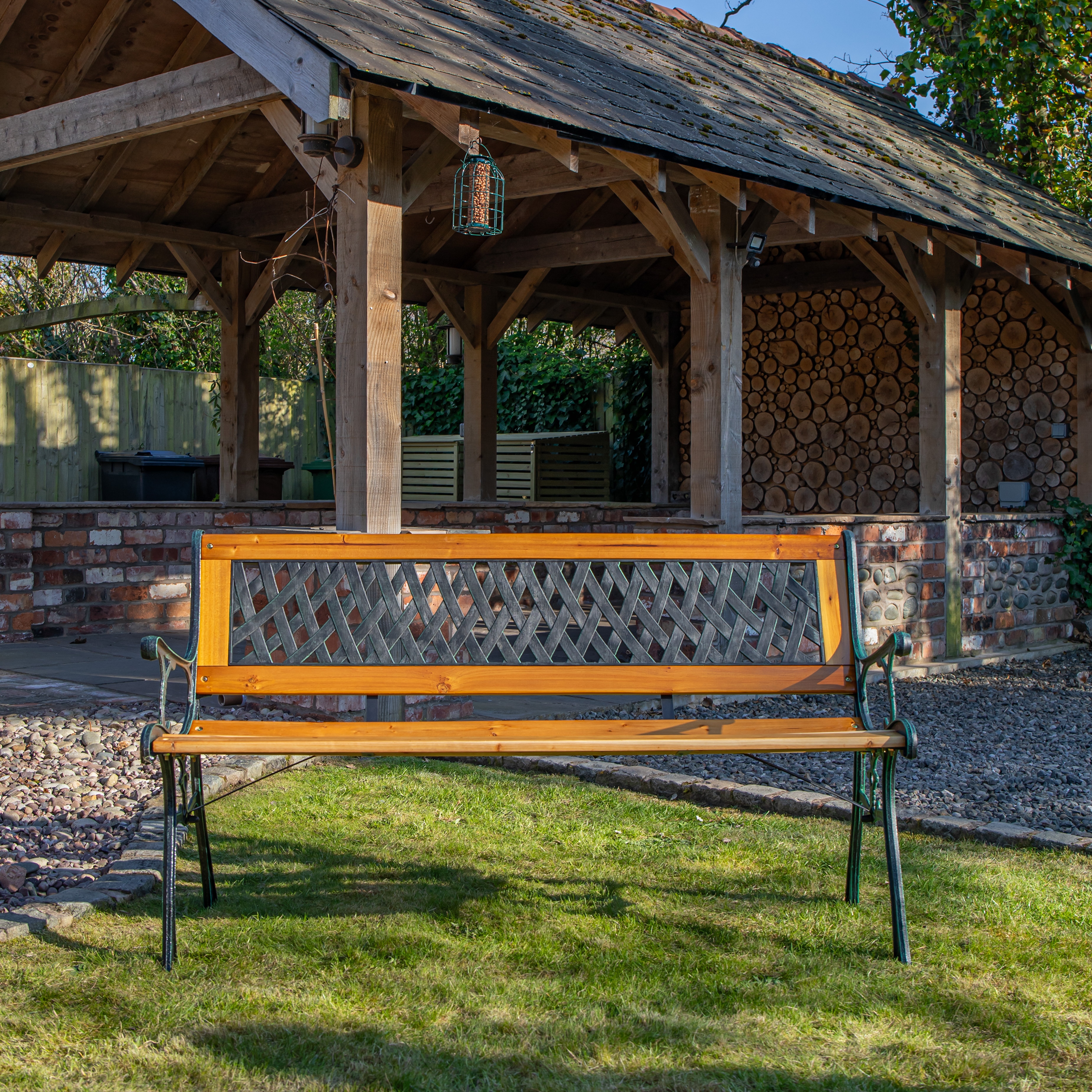 2 Seater Outdoor Wooden Cast Iron with Lattice Design Garden Patio Bench