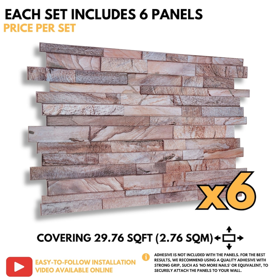 image 1 of NOVECRAFTO 3D Stone Brick Wall Panels – 6 PVC Sheets, Covers 2.76 sqm (29.76 sq ft), 96x48cm Each – Rose Marble Slim Brick Effect Cladding for Any Room