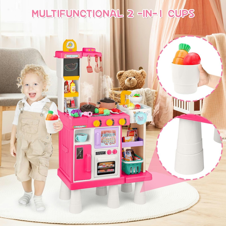 image 1 of Large Kitchen Playset for Kids (Pink) - Pretend Cooking Toy Gift for Boys & Girls