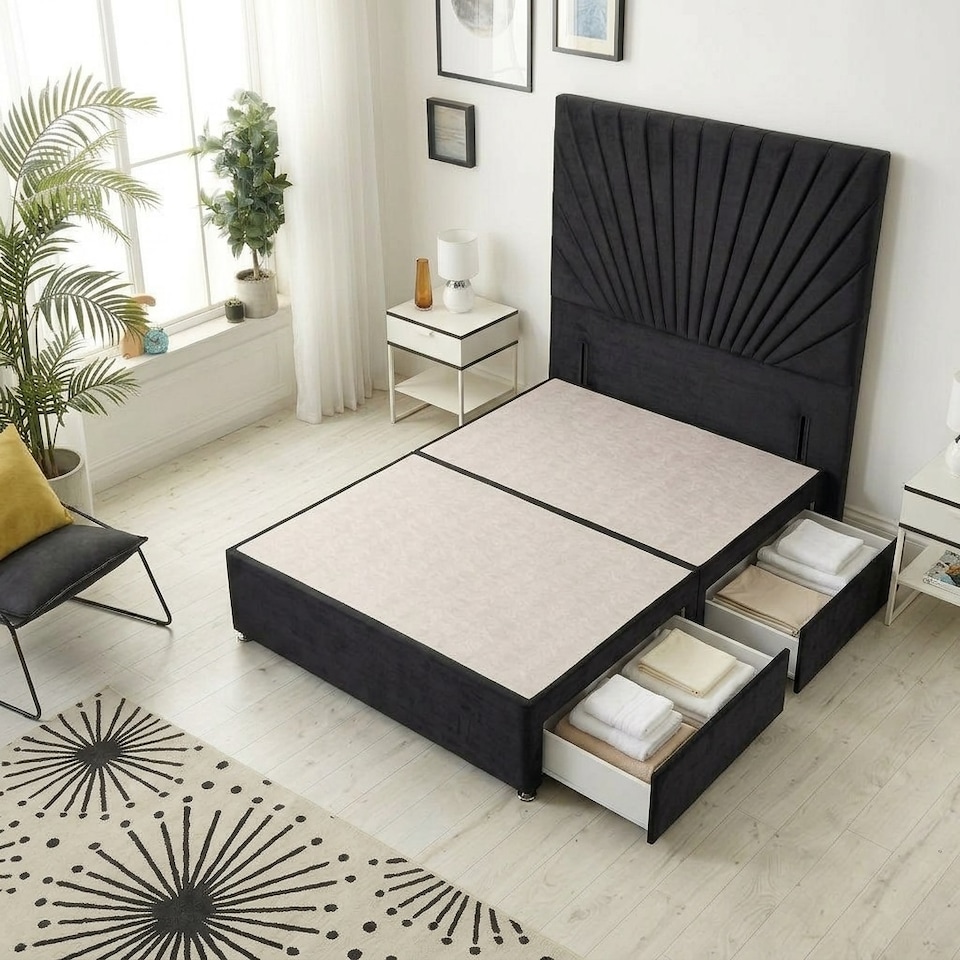 image 1 of Sunburst Divan Bed with 2 Drawers & 54'' Floor Standing Headboard Plush Velvet | Black | Black