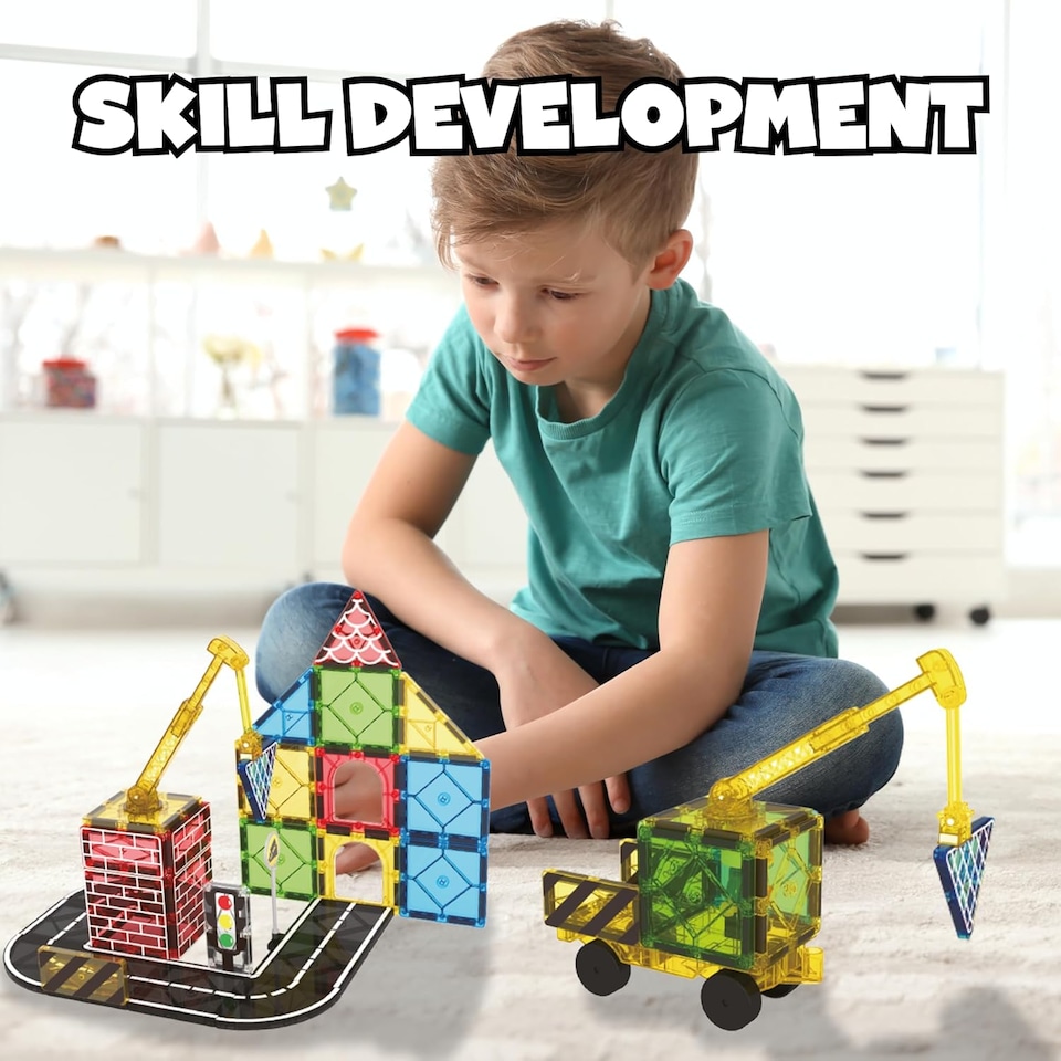 image 1 of Desire Deluxe Magnetic Building Tiles Road Blocks - Magnet Crane Car Set for Kids, Educational Preschool STEM Learning Montessori Construction Toddler Toy for Boys & Girls 3+ Year