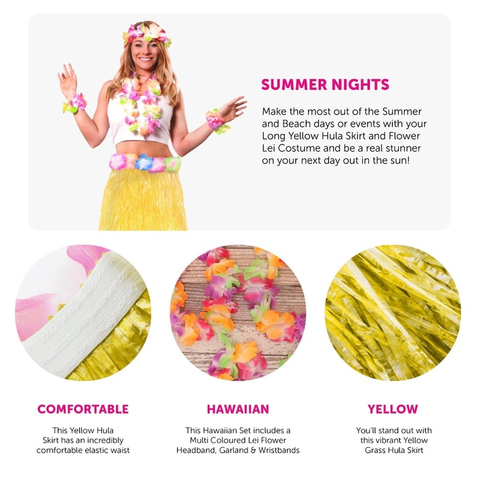 image 1 of 80cm Hawaiian Long Yellow Hula Skirt & Lei | Yellow | 6