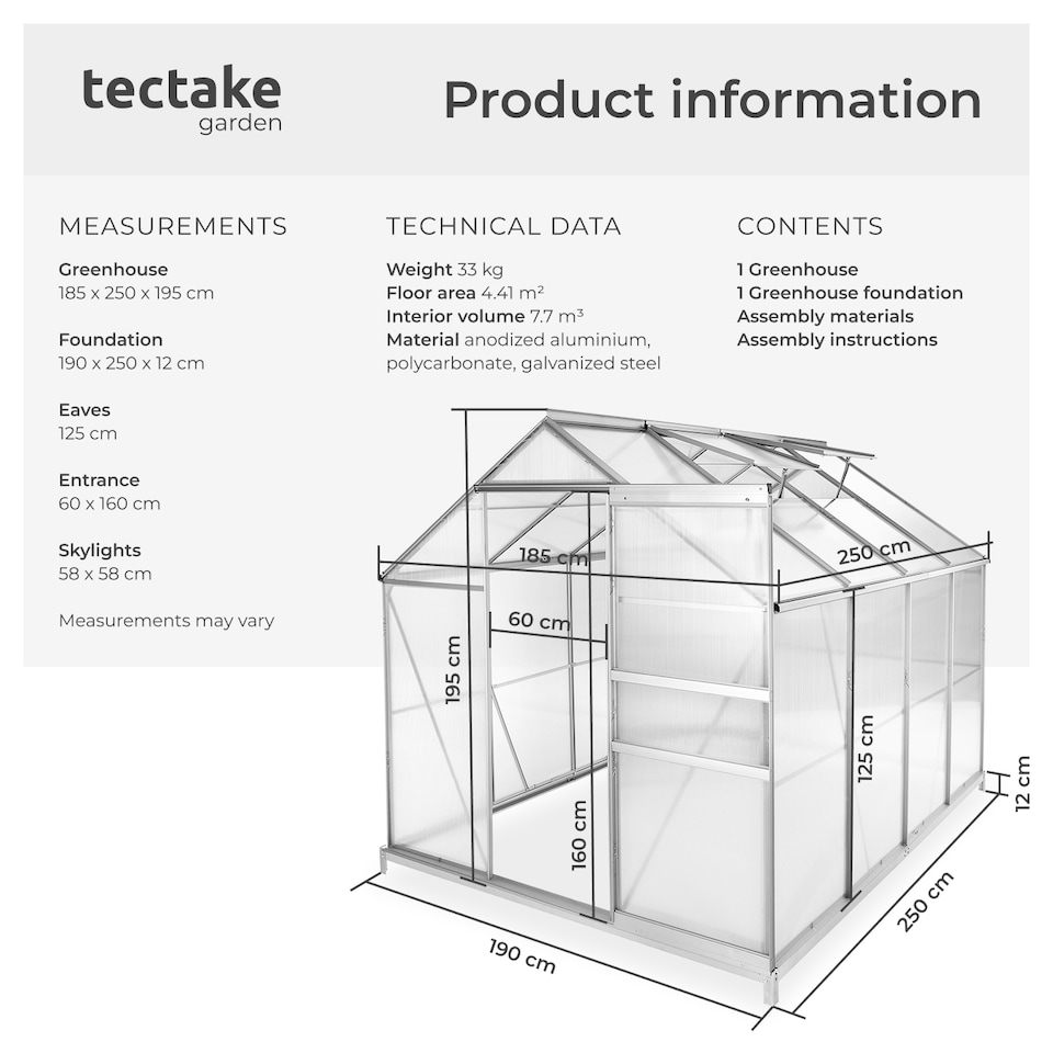 image 1 of Aluminium greenhouse with foundation, 185x250x195cm