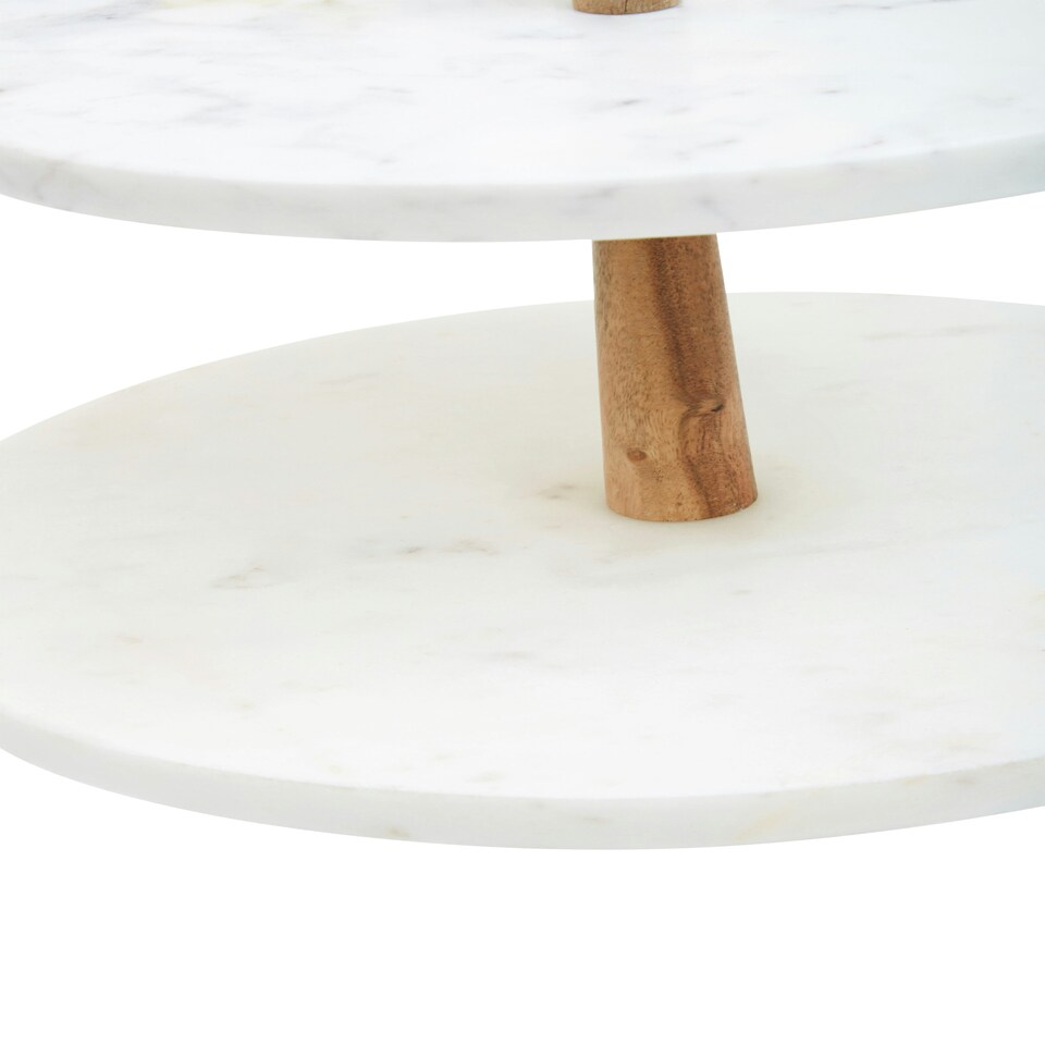 image 1 of Monzaro Two Tier Marble and Acacia Wood Cake Stand White