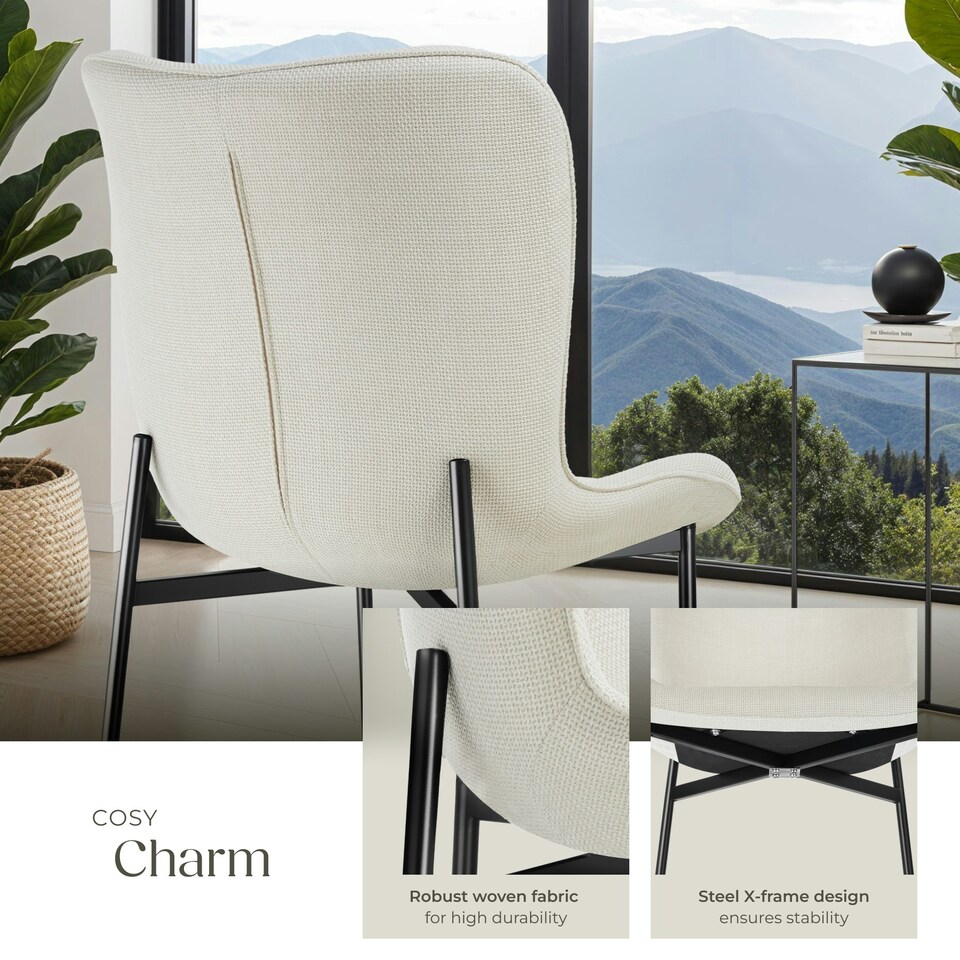 image 1 of Dining Chair Tessa - ergonomic high backrest, slim steel legs, soft fabric - Set of 2 White | Woven Fabric Off-White/Black