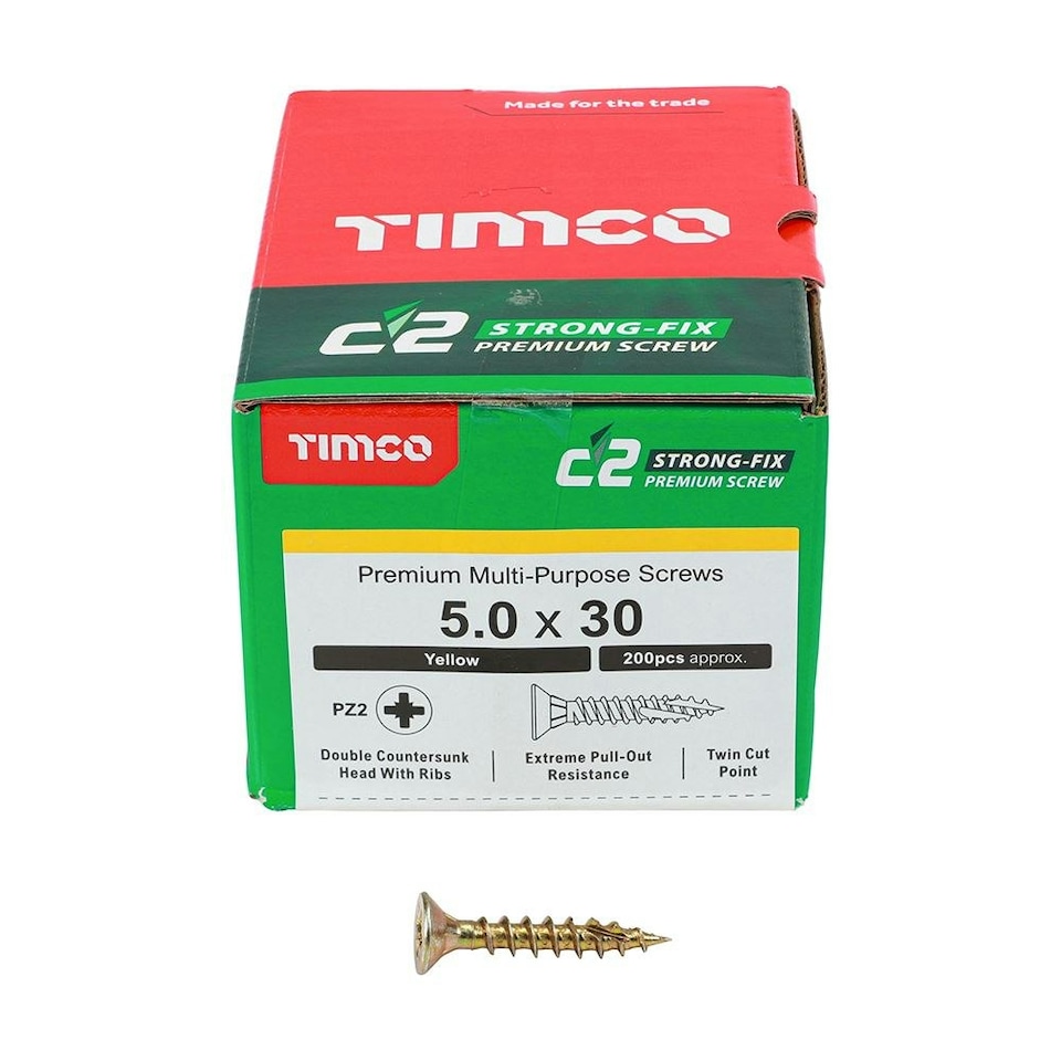 image 1 of Timco - C2 Strong-Fix Multi-Purpose Premium Screws - PZ - Double Countersunk - Yellow (Size 5.0 x 30 - 200 Pieces)