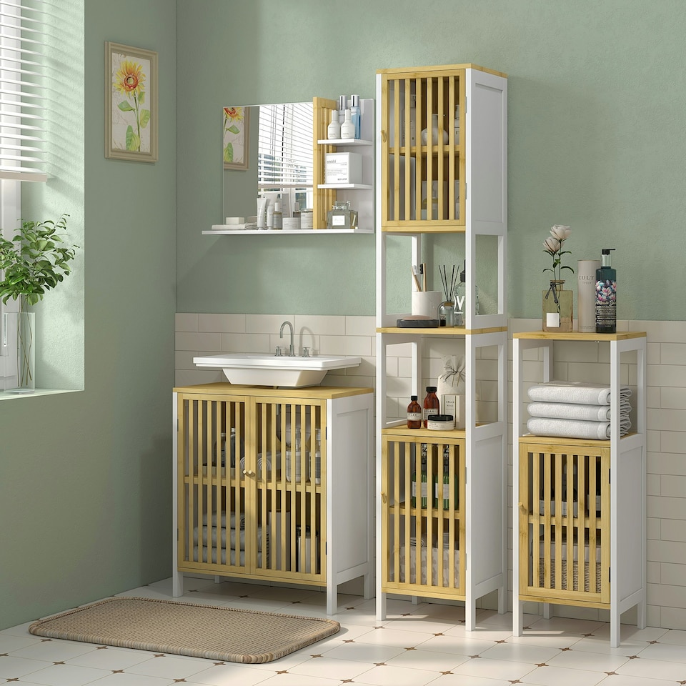 image 1 of HOMCOM Tall Bathroom Cabinet Bamboo Cupboard with Adjustable Shelves, White | White | Natural | Tall