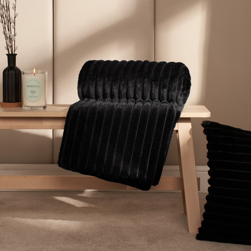 image 1 of OHS Faux Fur Ribbed Fleece Throw Blanket Winter Warm Supersoft