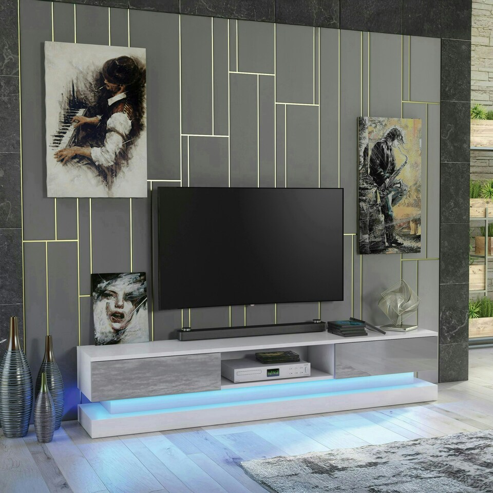 image 1 of TV Unit 180cm Grey Gloss Fronts White Matt Body with LED Platform White | Grey